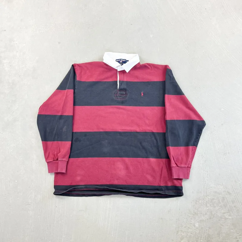F- Vintage Polo Sport Ralph Lauren Stripped Black/Maroon Rugby Shirt sold by HG Vintage