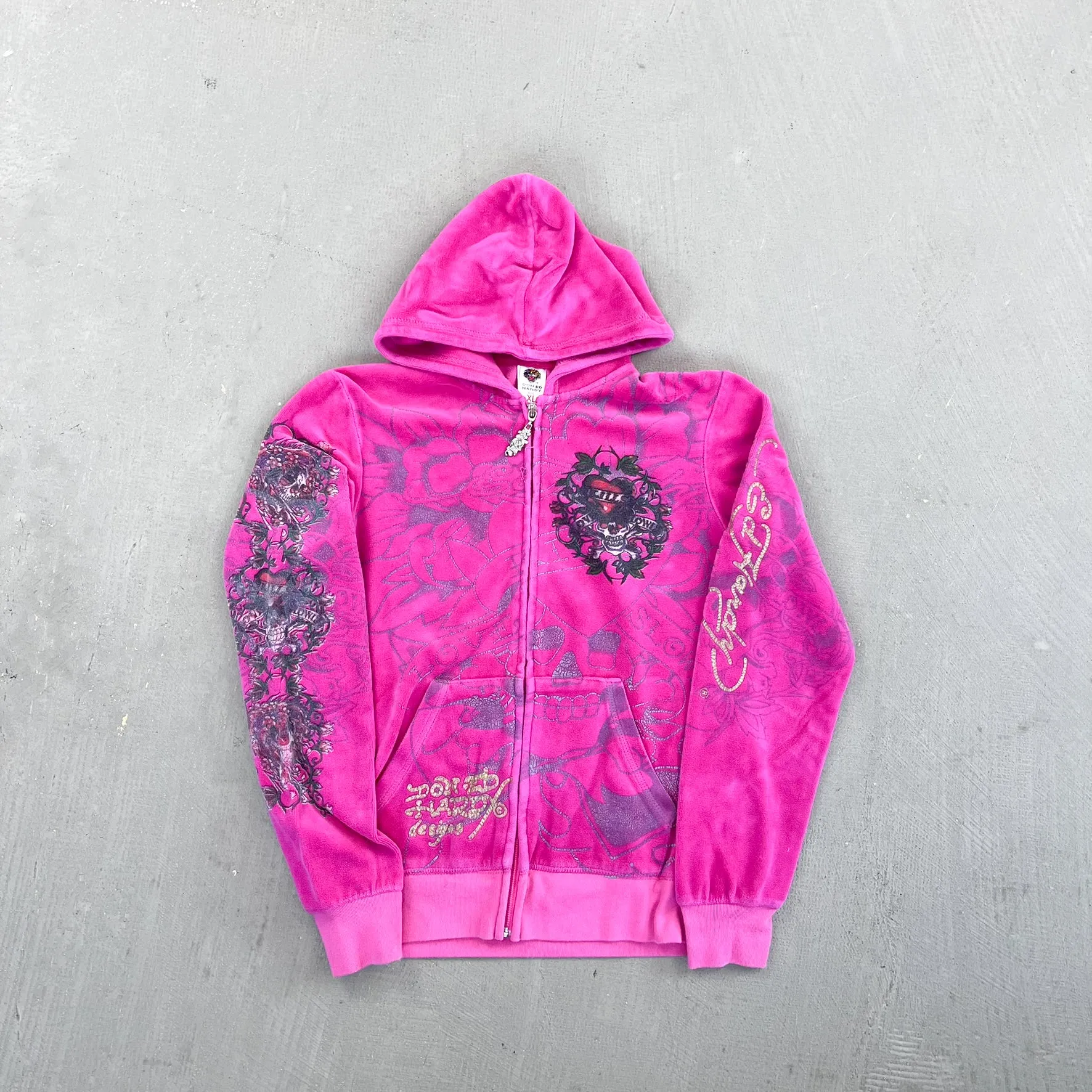 F- Vintage Ed Hardy Ladies Heart & Vines Graphic Velour Zip Up Hoodie sold by HG Vintage