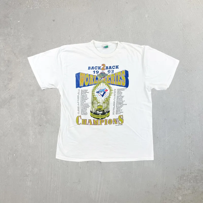F- Vintage '93 Toronto Blue Jays Back 2 Back World Series Champs Waves Tag Single Stitch Tee sold by HG Vintage