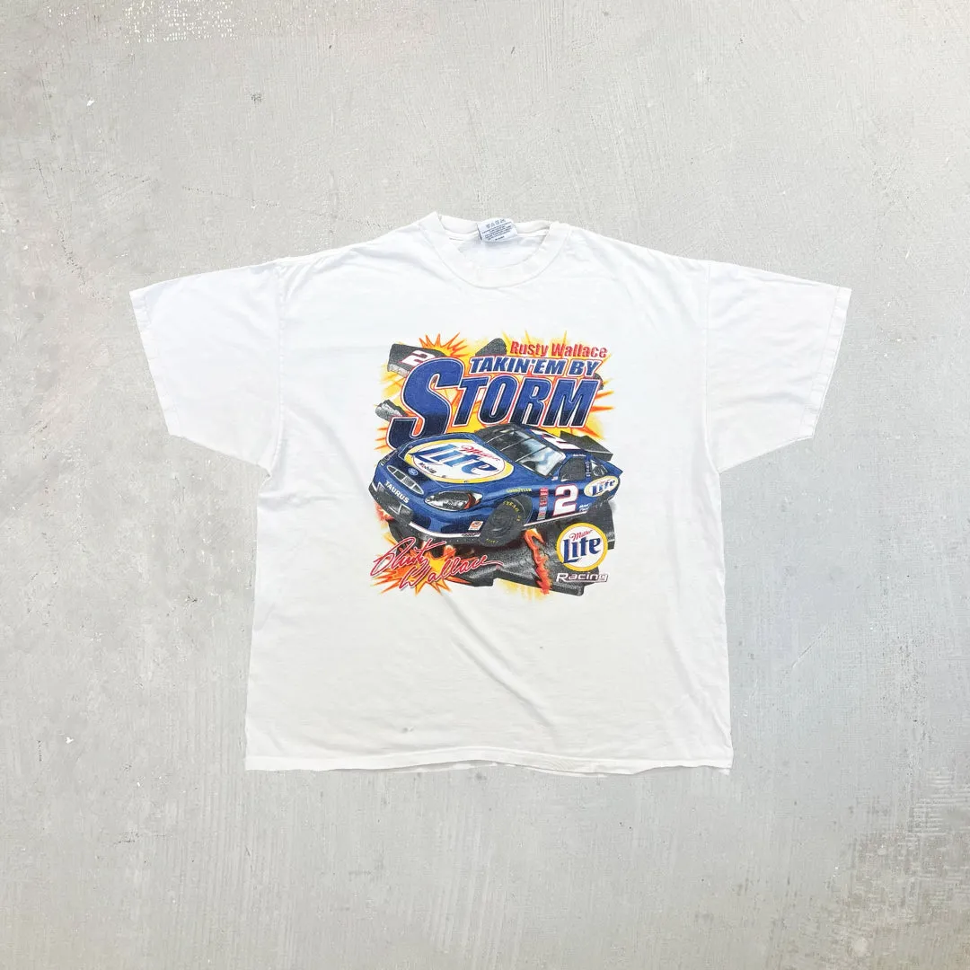 F- Vintage Nascar Rusty Wallace Takin'Em By The Storm Graphic Car Tee sold by HG Vintage