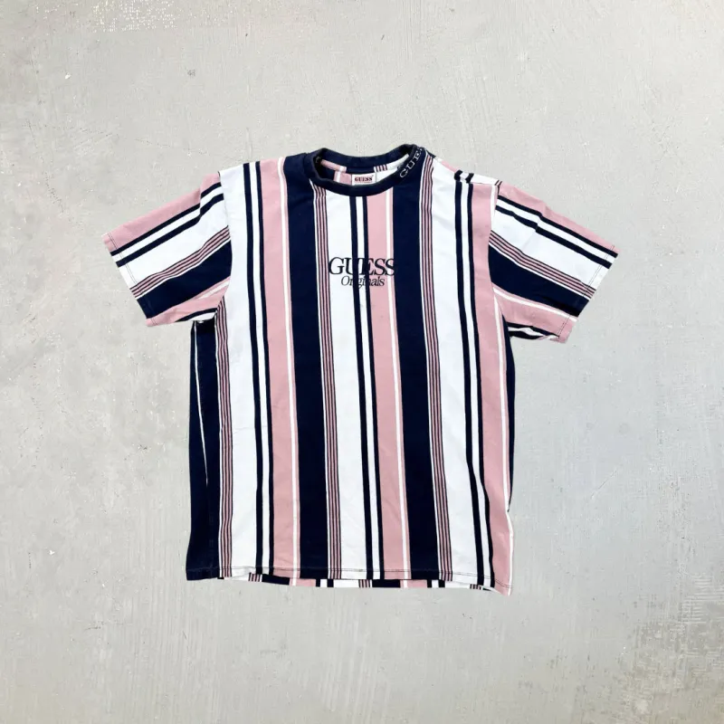 F- Vintage Guess Original 90's Embroidered Text & Vertical Lines Tee made by HG Vintage