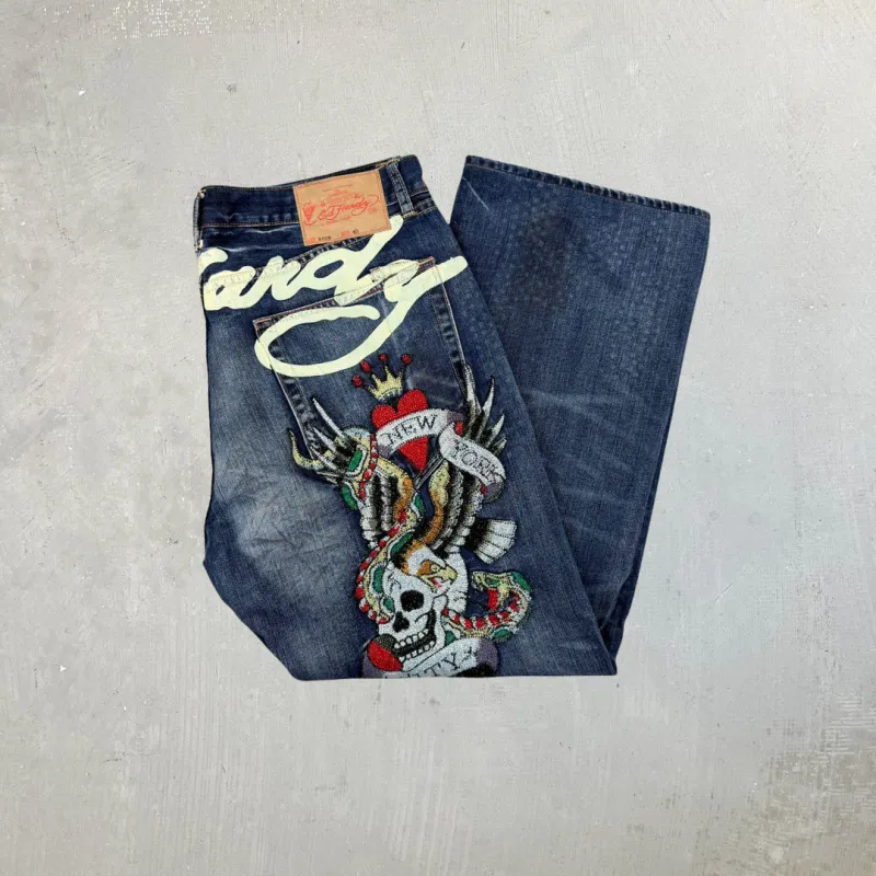 F- Vintage Ed Hardy Snake Eagle & Skull Gems & Text Baggy Jeans sold by HG Vintage