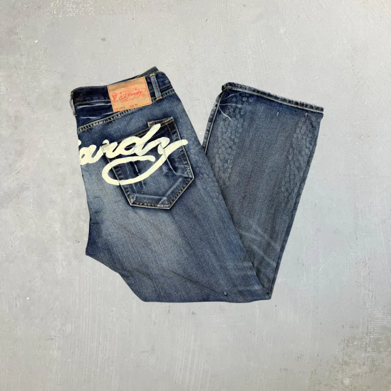 F- Vintage Ed Hardy Dragons White Gems & Text Baggy Jeans sold by HG Vintage