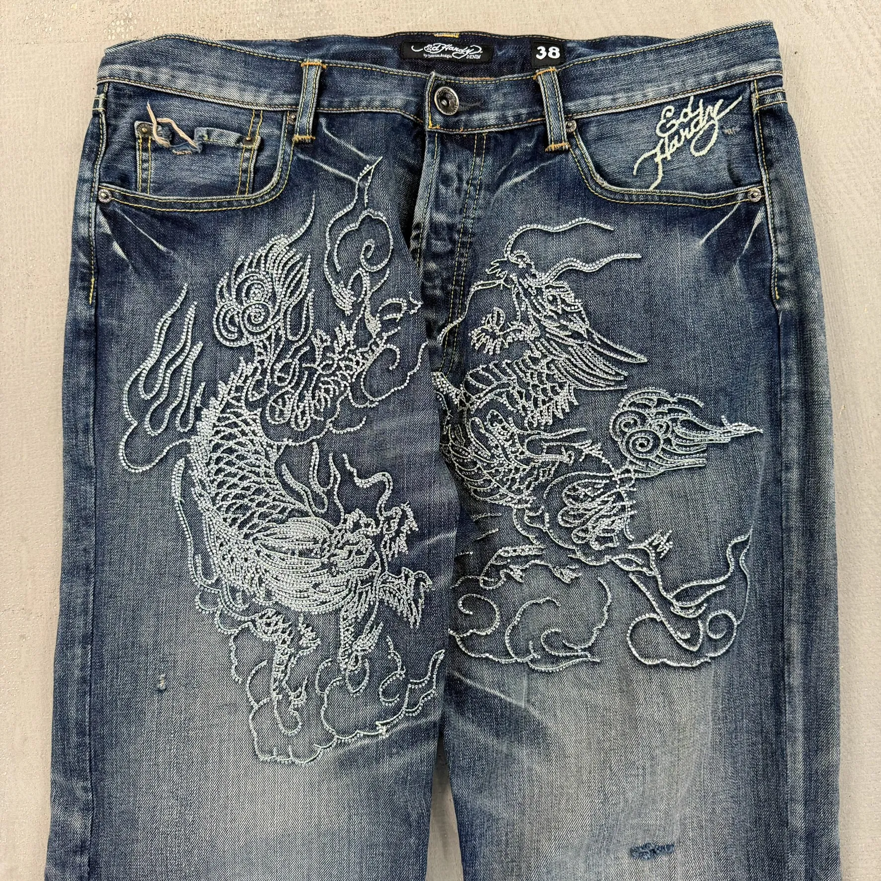 F- Vintage Ed Hardy Dragons White Gems & Text Baggy Jeans sold by HG Vintage product image thumbnail 3