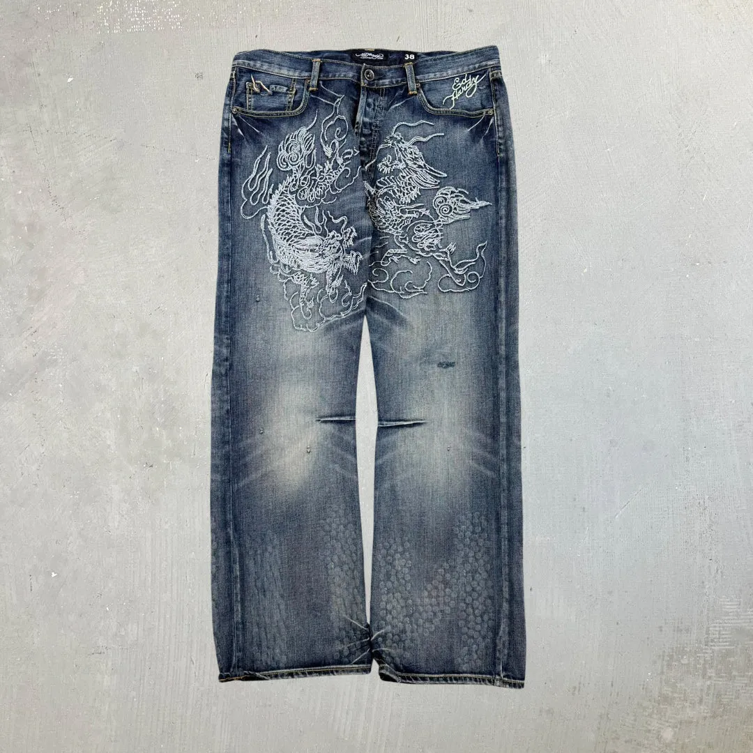 F- Vintage Ed Hardy Dragons White Gems & Text Baggy Jeans sold by HG Vintage product image thumbnail 2
