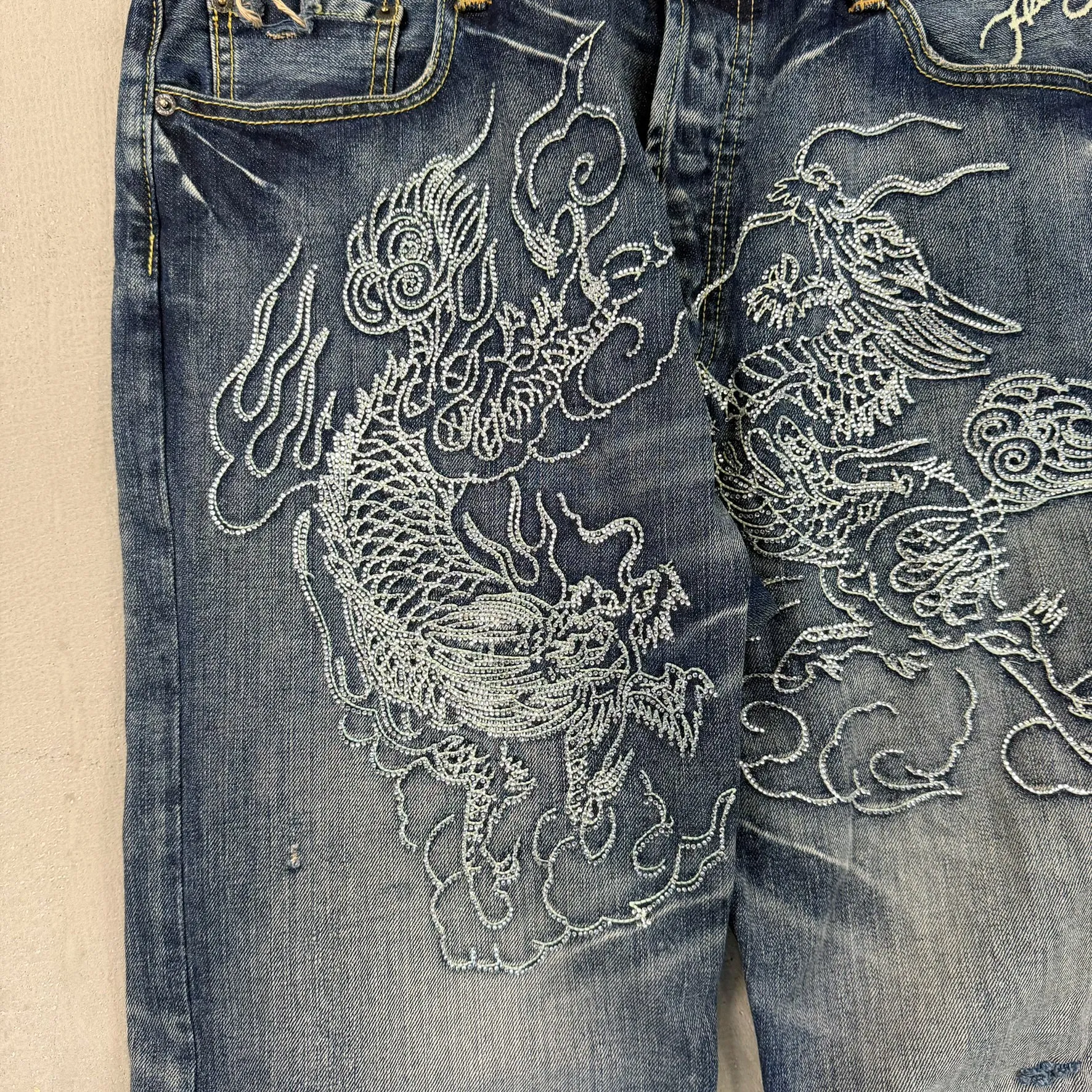 F- Vintage Ed Hardy Dragons White Gems & Text Baggy Jeans sold by HG Vintage product image thumbnail 4