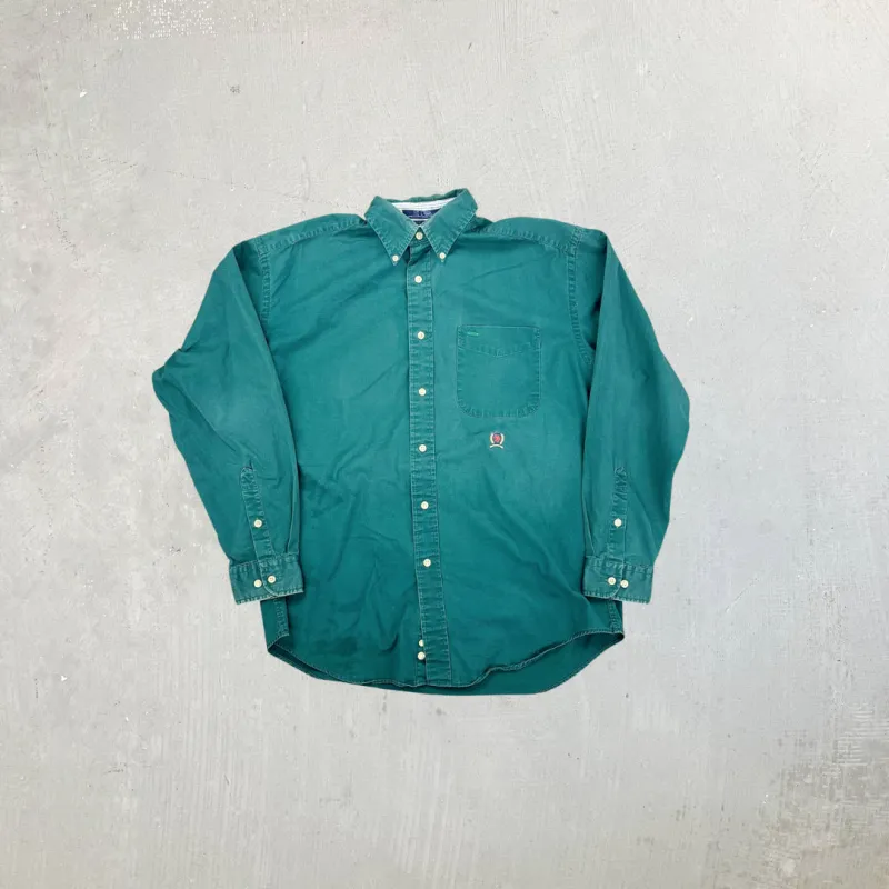 F- Vintage Tommy Hilfiger 90's Embroidered Crest Dark Green Button Down Shirt sold by HG Vintage