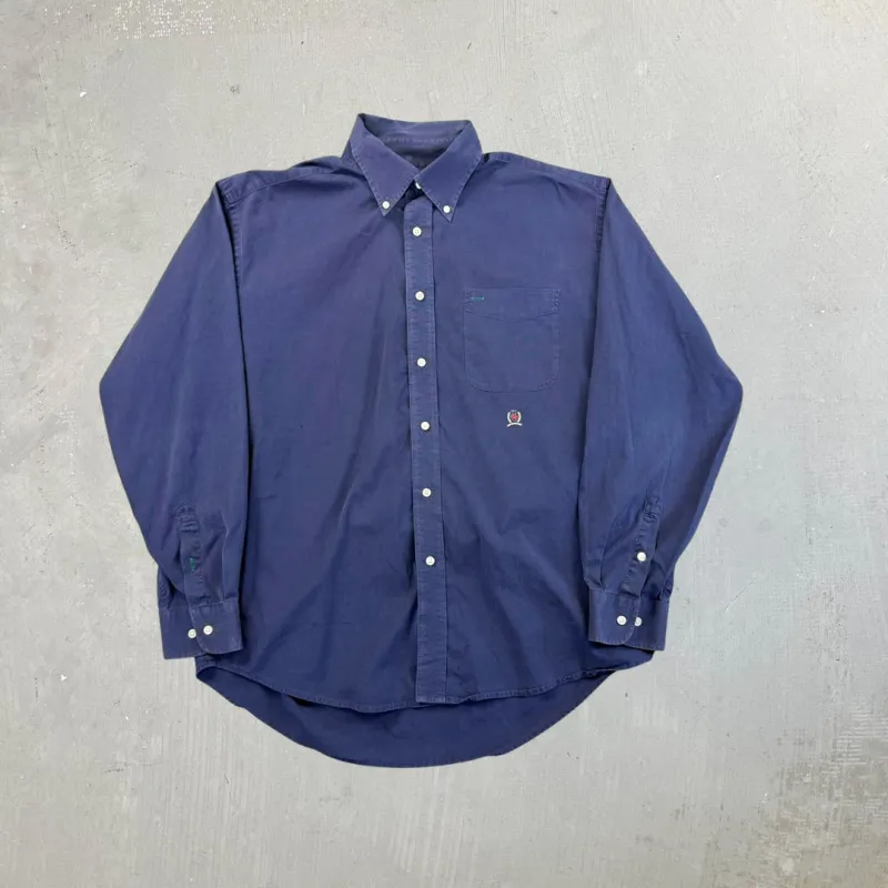 F- Vintage Tommy Hilfiger Solid Color Navy Embroidered Crest Button Down Shirt sold by HG Vintage
