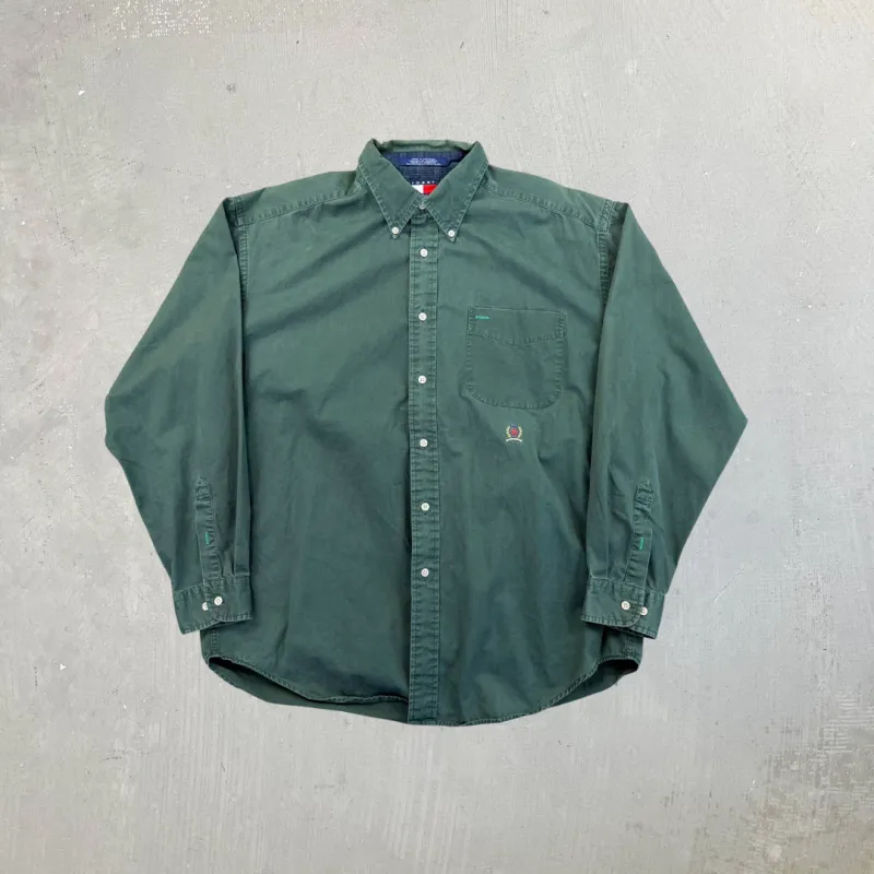 F- Vintage Tommy Hilfiger Solid Color Green Embroidered Crest Button Down Shirt sold by HG Vintage