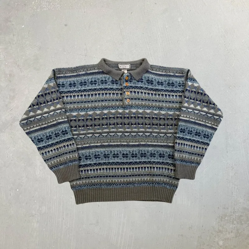 F- Vintage Matrix Pattern Henley Knit Sweater sold by HG Vintage