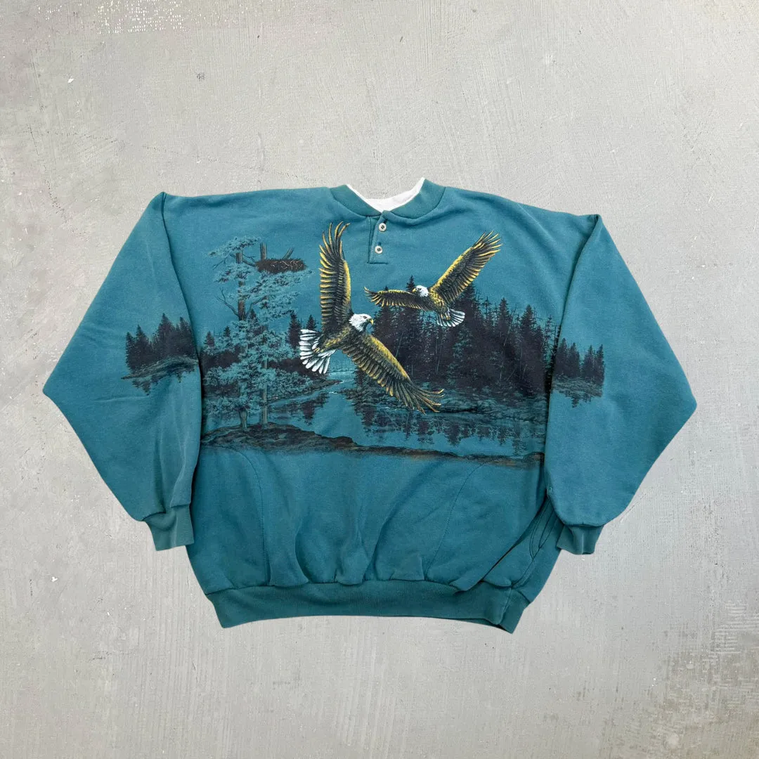 F- Vintage Bald Eagle Jumbo Print Henley Crewneck sold by HG Vintage