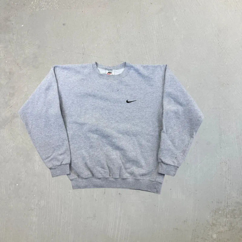 F- Vintage 90s Nike Embroidered Swoosh Made In USA Grey Crewneck sold by HG Vintage