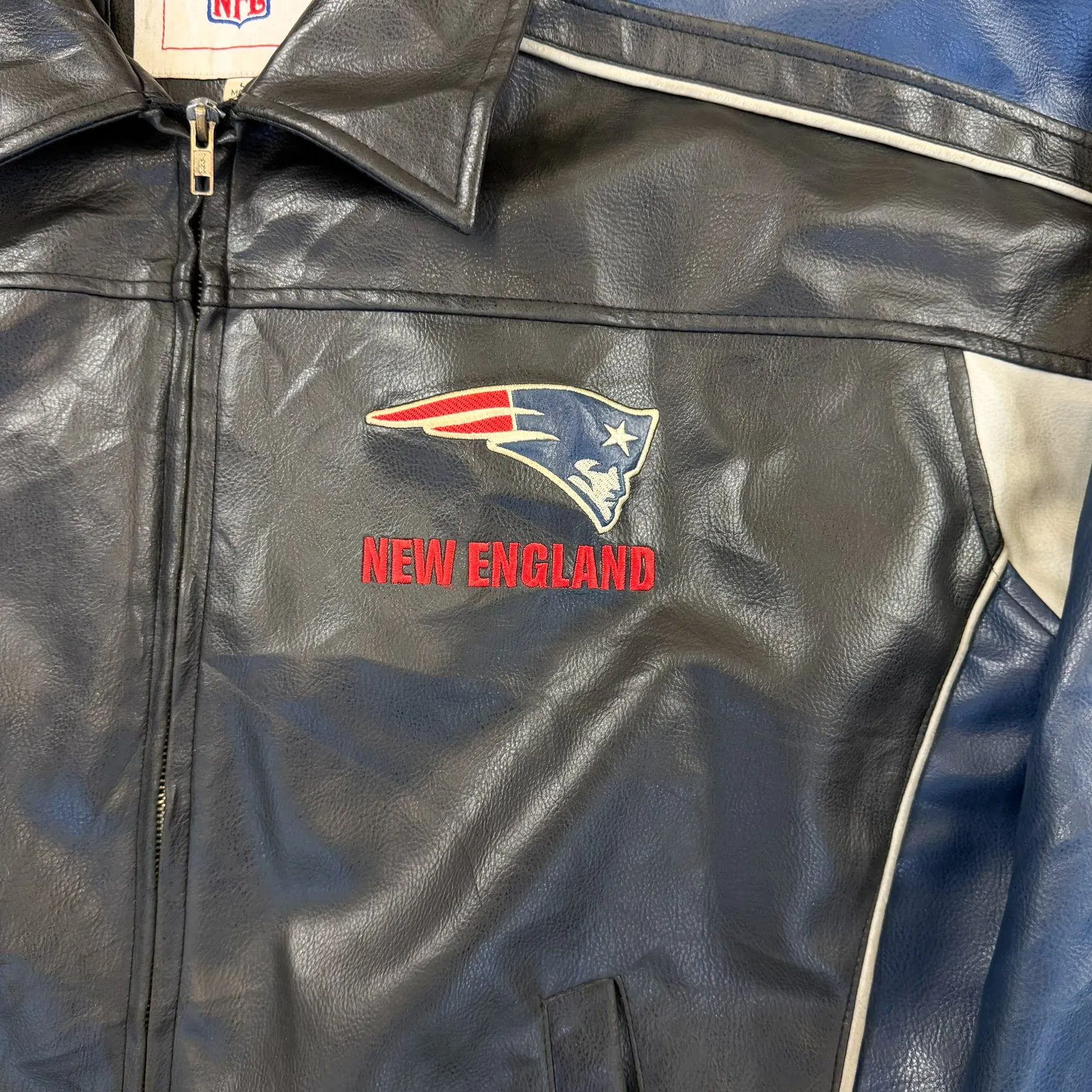 F- Vintage New England Patriots NFL Zip Up Leather Jacket sold by HG Vintage product image thumbnail 2