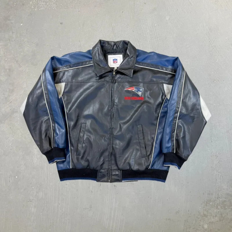 F- Vintage New England Patriots NFL Zip Up Leather Jacket sold by HG Vintage