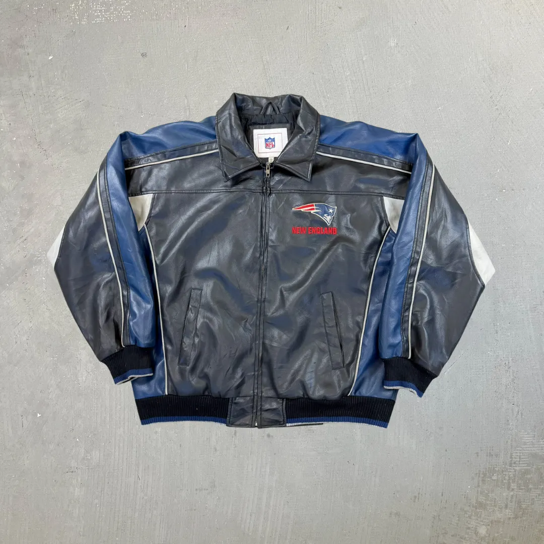 F- Vintage New England Patriots NFL Zip Up Leather Jacket sold by HG Vintage