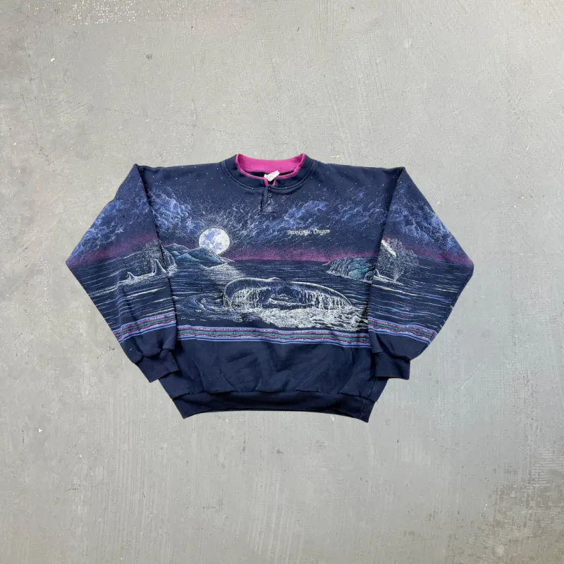F- Vintage Whales Brookings Oregon Jumbo Print Henley Crewneck sold by HG Vintage