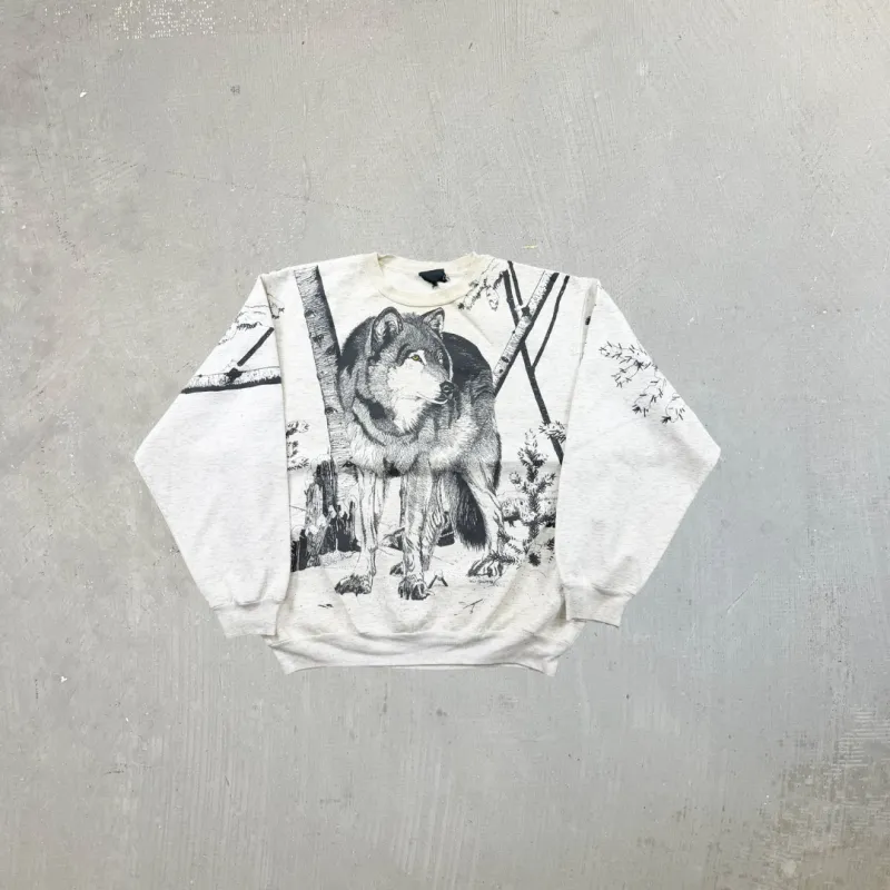 F- Vintage '92 Wilf Schlitt Wolf In Forest Jumbo Print Crewneck sold by HG Vintage