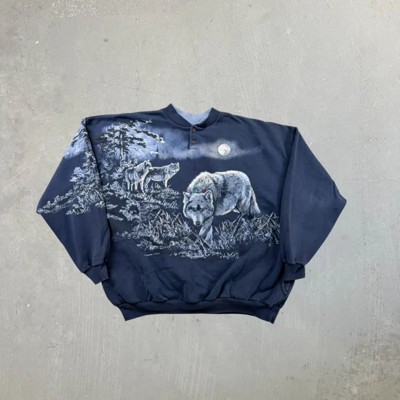 F- Vintage Art Unlimited Wolves & Moon Made In USA Henley Crewneck sold by HG Vintage