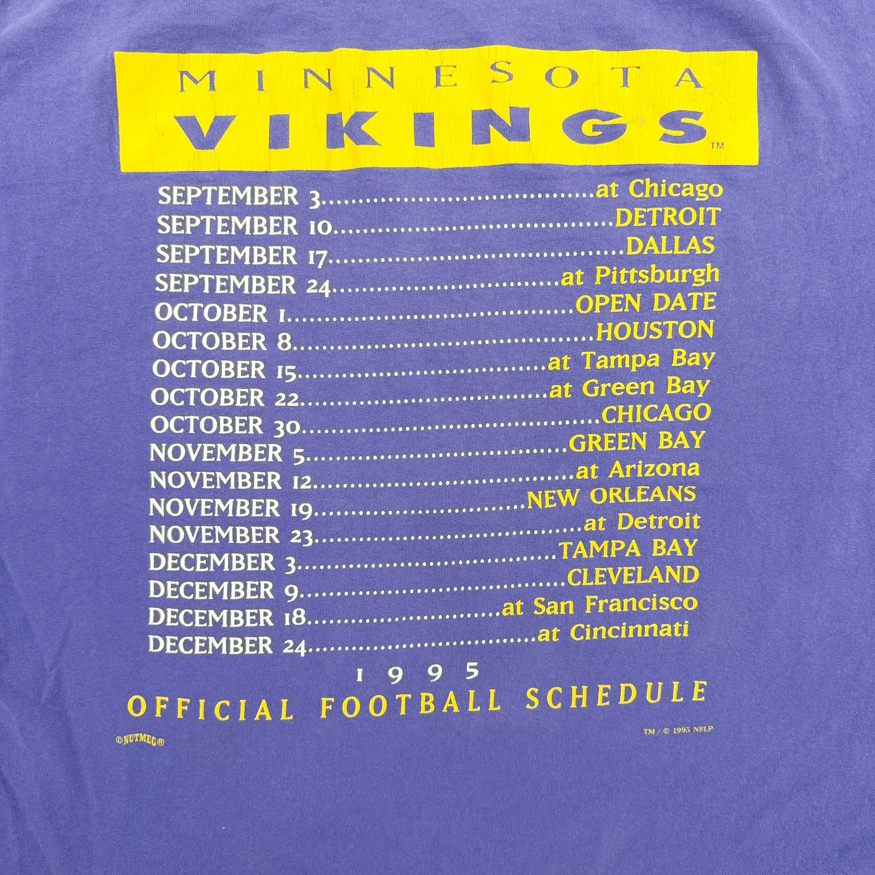 F- Vintage '95 Minnesota Vikings NFL Official Schedule Graphic Made In USA Tee sold by HG Vintage product image thumbnail 4