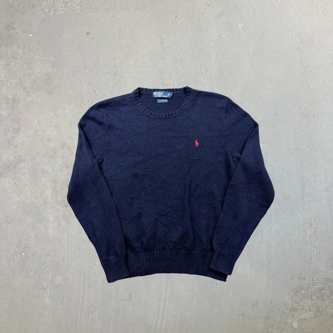 F- Vintage 90s Polo Ralph Lauren Embroidered Navy Knit Sweater sold by HG Vintage