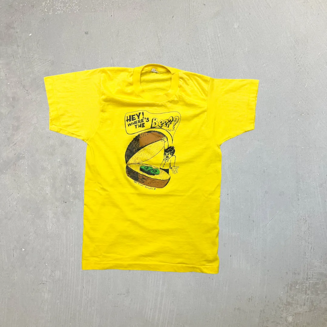 F- Vintage '84 Hey Where's The Beef? Graphic & Text Made In USA Single Stitch Tee sold by HG Vintage
