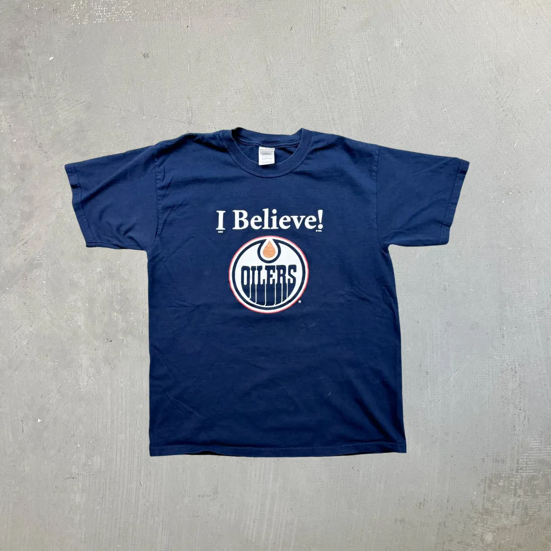 F- Vintage Edmonton Oilers NHL I Believe! Text Tee sold by HG Vintage
