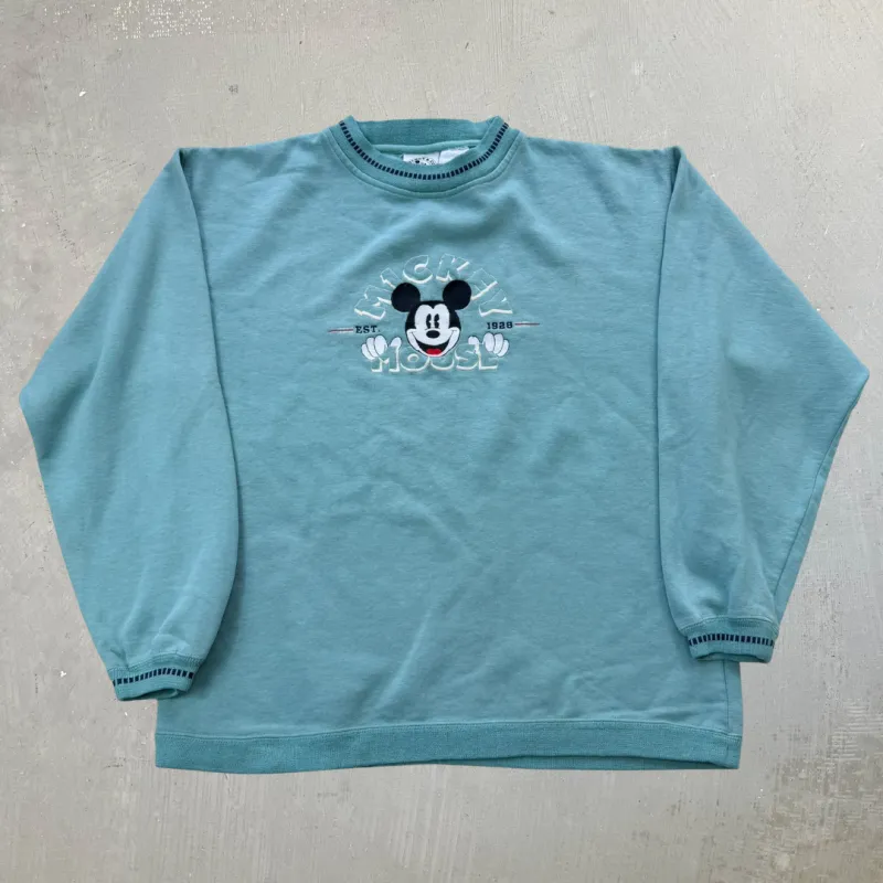 F- Vintage Mickey Mouse Text & Character Embroidered Crewneck - L sold by HG Vintage