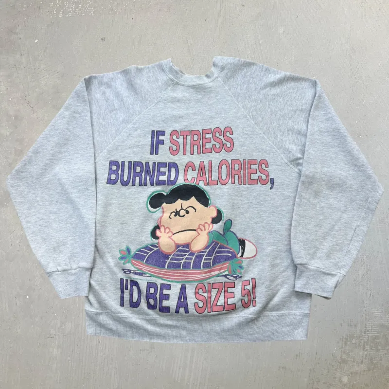 F- Vintage Peanuts If Stress Burned Calories Text Crewneck - L sold by HG Vintage