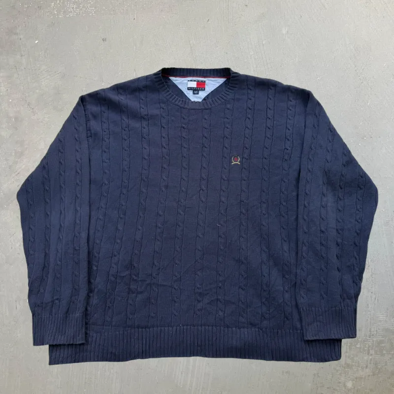 F- Vintage Tommy Hilfiger Navy Embroidered Crest Knit Sweater - XL sold by HG Vintage