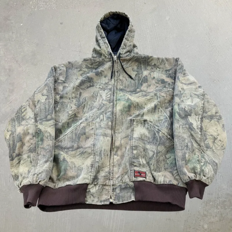 F- Vintage Black Duck Real Tree Camo Quilt Lined Hooded Jacket - 2XL T made by Carhartt