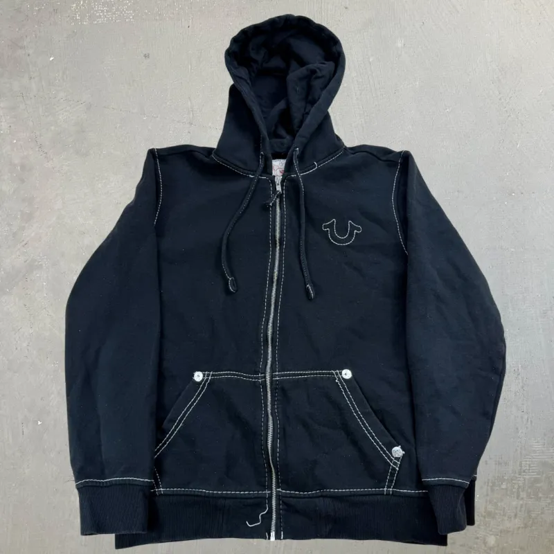 J- True Religion Black Embroidered Logo Zip Up Hoodie - L sold by HG Vintage