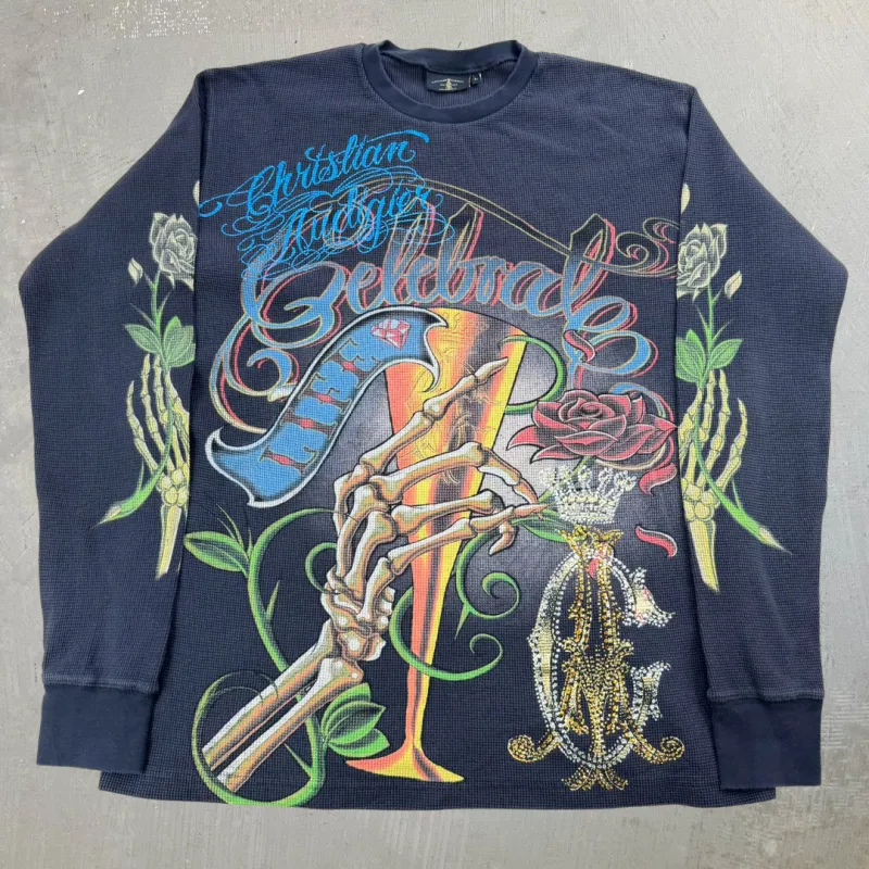 J- Vintage Christian Audigier LA Graphic Waffle Thermal Long Sleeve Tee - L sold by HG Vintage