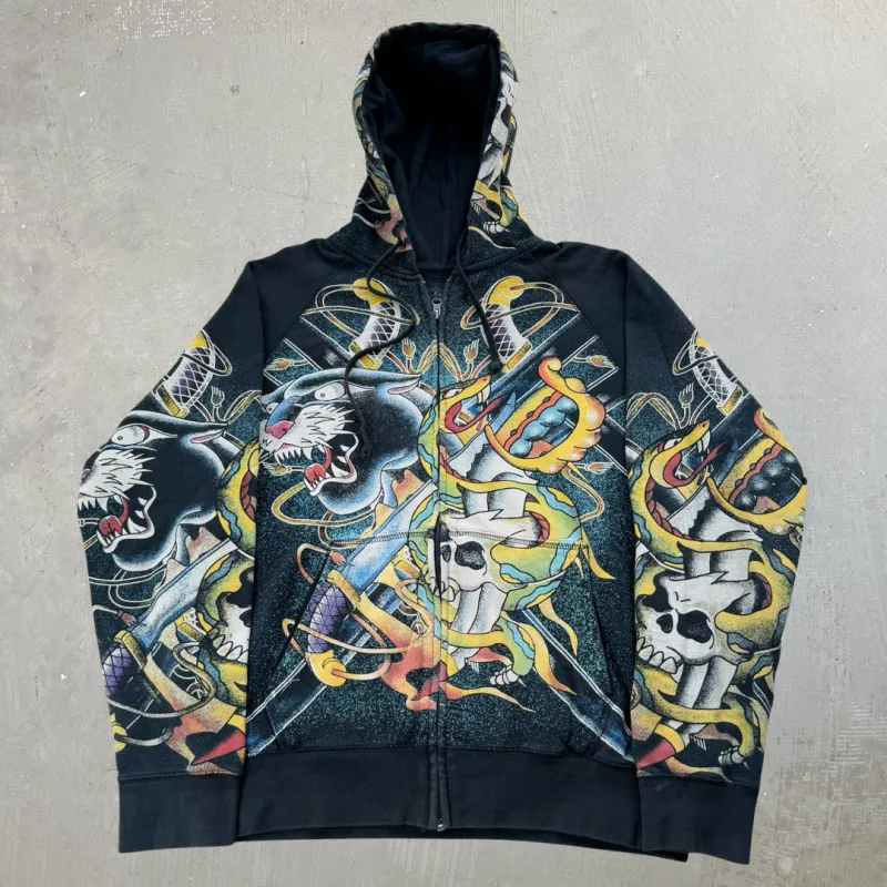 J- Panther & Skull All Over Print Zip Up Hoodie - M sold by HG Vintage