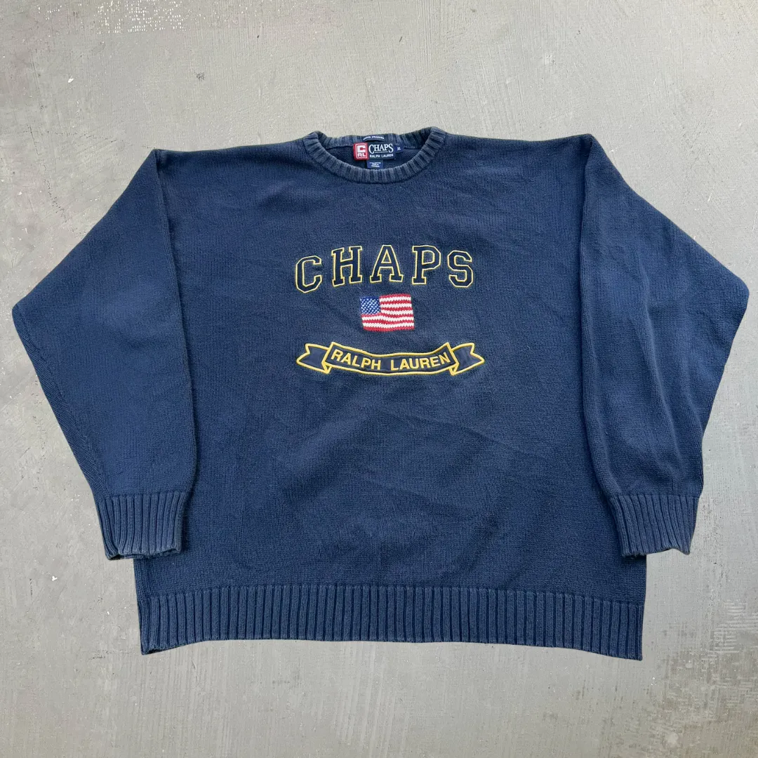 J- Vintage 90s Chaps Ralph Lauren American Flag Knit Sweater - XL sold by HG Vintage