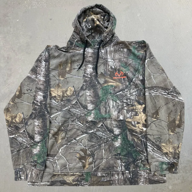 F- Real Tree Xtreme Camo Pattern Orange Text Hoodie - L sold by HG Vintage