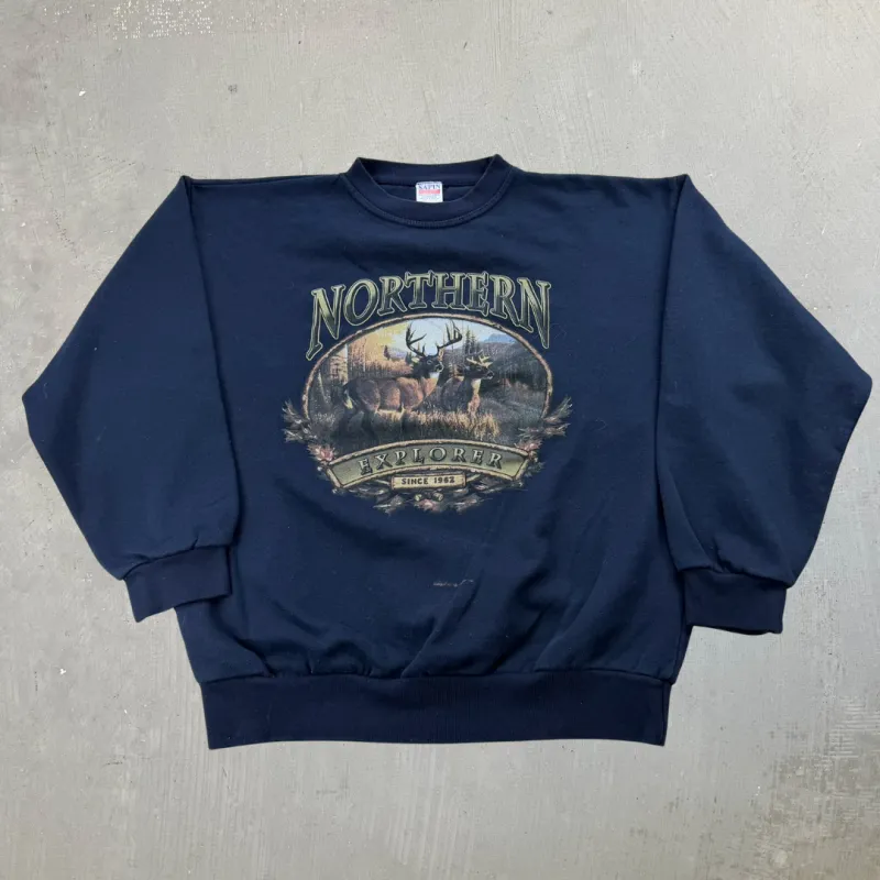 J- Vintage Northern Explorer Deer Graphic Crewneck - L sold by HG Vintage
