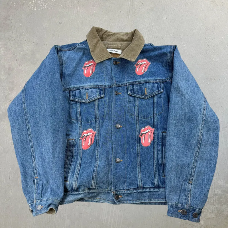 J- HOM Rolling Stones US Tongue Corduroy Collar Reworked Denim Jacket - L sold by HG Vintage