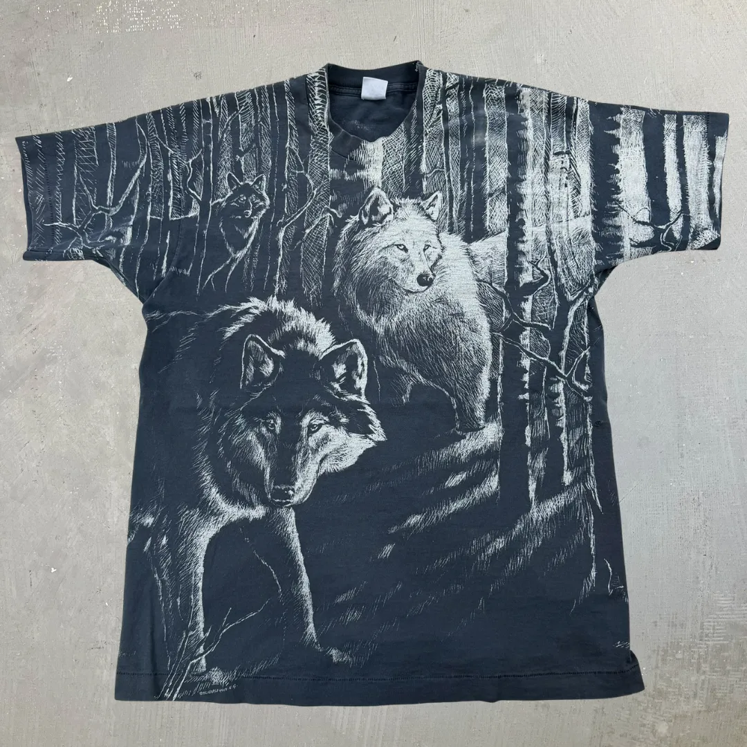 J- Vintage '92 Wolves In Forest All Over Print Made In USA Single Stitch Tee- L sold by HG Vintage