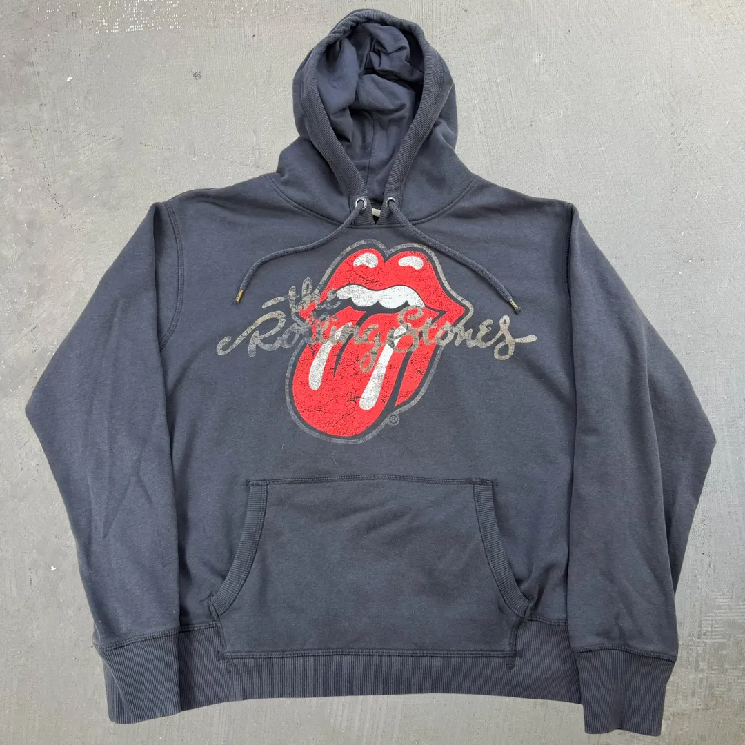 J- Rolling Stones Logo & Text Reprint Graphic Hoodie - L sold by HG Vintage