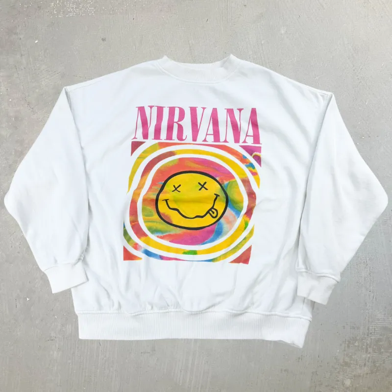J- Nirvana Smiley Face White  Reprint Graphic Crewneck - S sold by HG Vintage