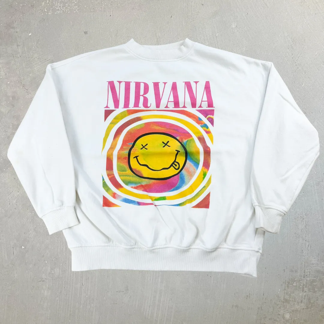 J- Nirvana Smiley Face White Reprint Graphic Crewneck - S sold by HG Vintage