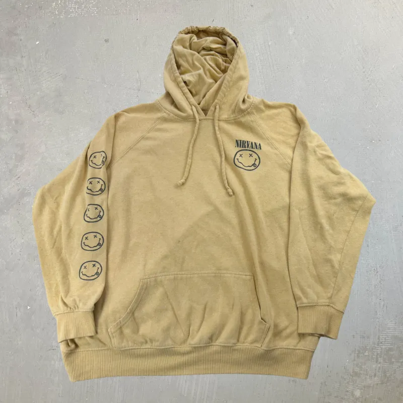 J-  Nirvana Smiley Face Yellow Reprint Graphic Hoodie - L made by HG Vintage