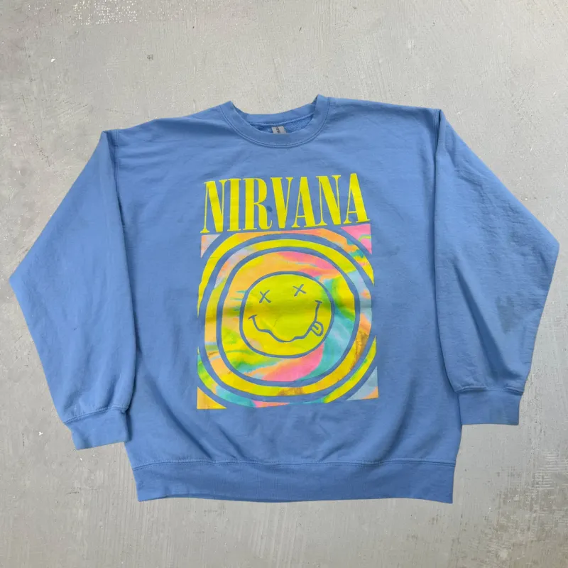 J- Nirvana Smiley Face Blue Reprint Graphic Crewneck - L sold by HG Vintage