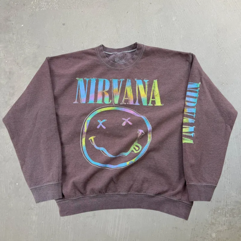 J- Nirvana Smiley Face Brown Reprint Graphic Crewneck - M sold by HG Vintage