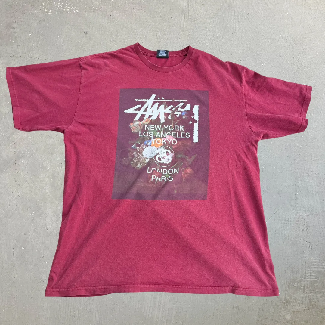 J- Vintage Stussy Text Cities & Flower Graphic Tee - XL sold by HG Vintage