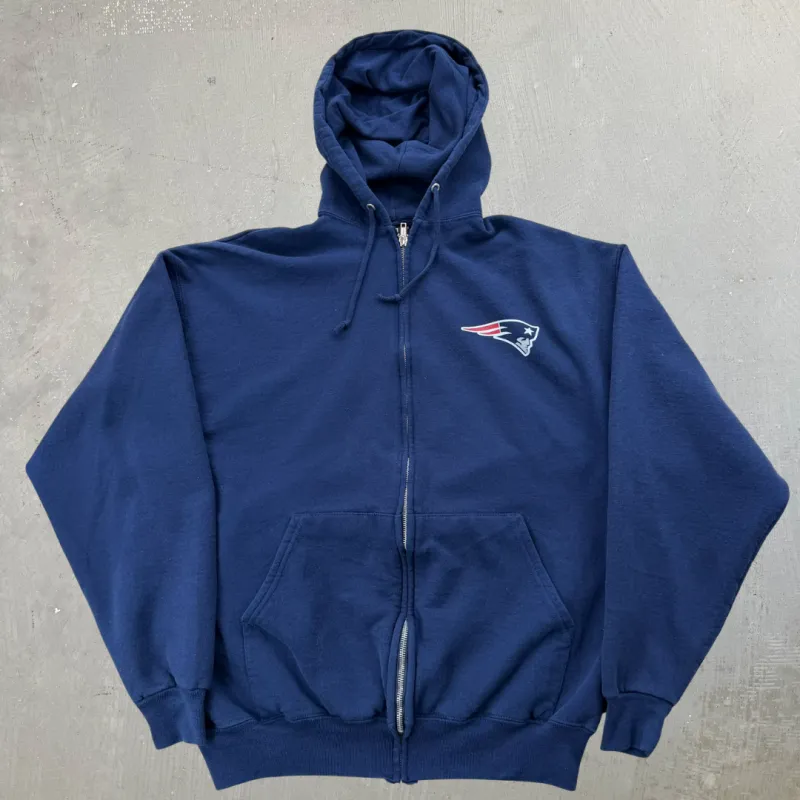 J- Vintage New England Patriots NFL Logo & Text Zip Up Hoodie - L made by HG Vintage