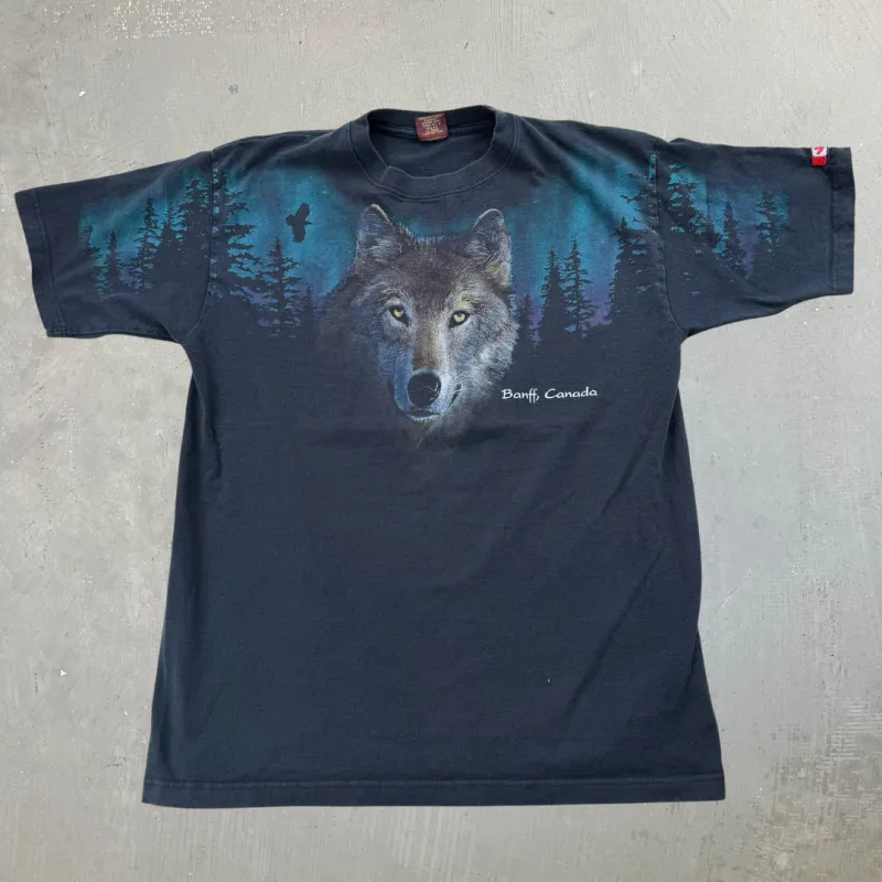 J- Vintage Banff Canada Wolf In Forest Animal Print Tee- L sold by HG Vintage