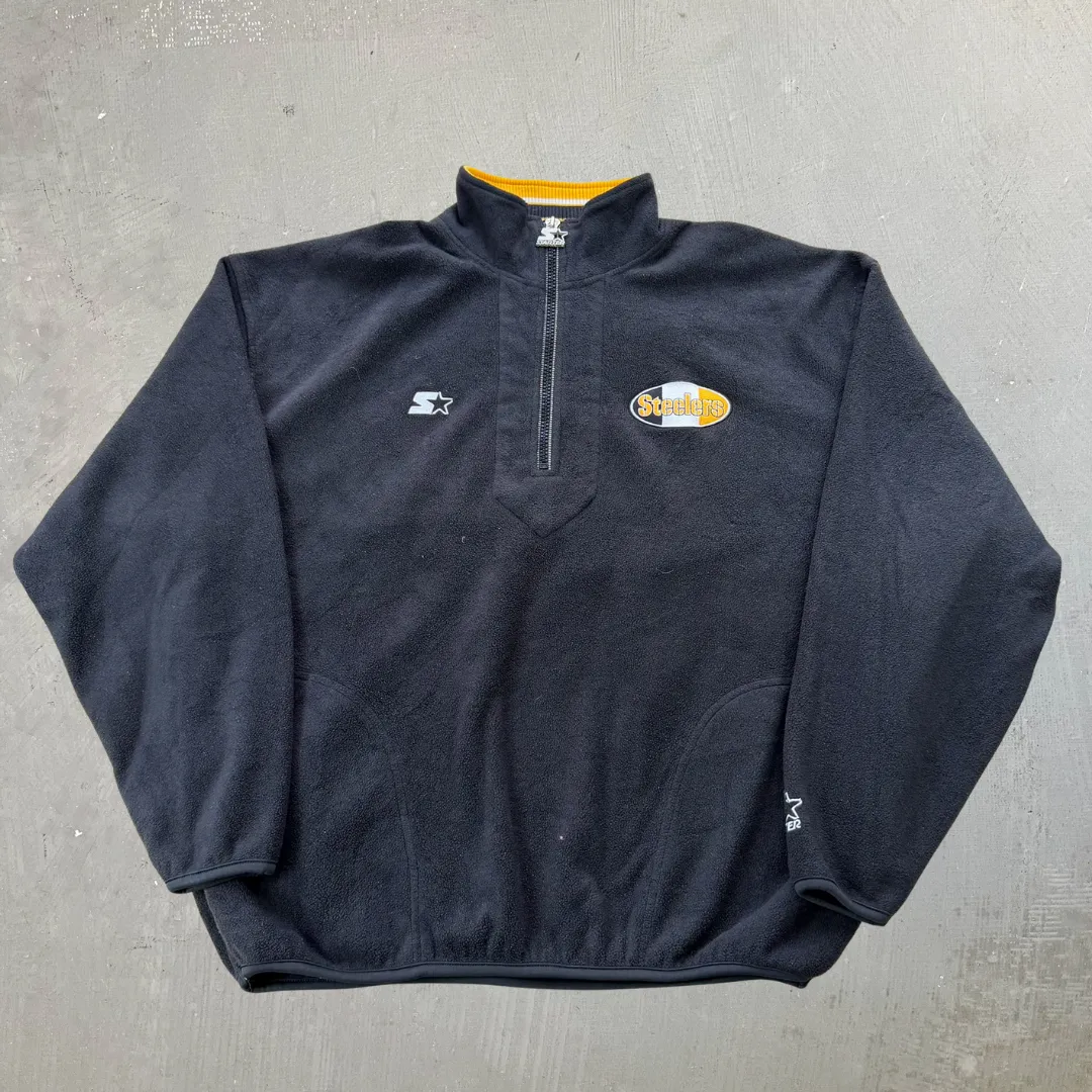 J- Vintage Pittsburgh Steelers NFL Starter Embroidered Logo Quarter Zip Polar Fleece Crewneck - 2XL sold by HG Vintage