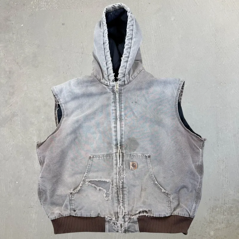 F- Vintage Carhartt Quilt Lined Grey Hooded Workwear Vest - XL sold by HG Vintage