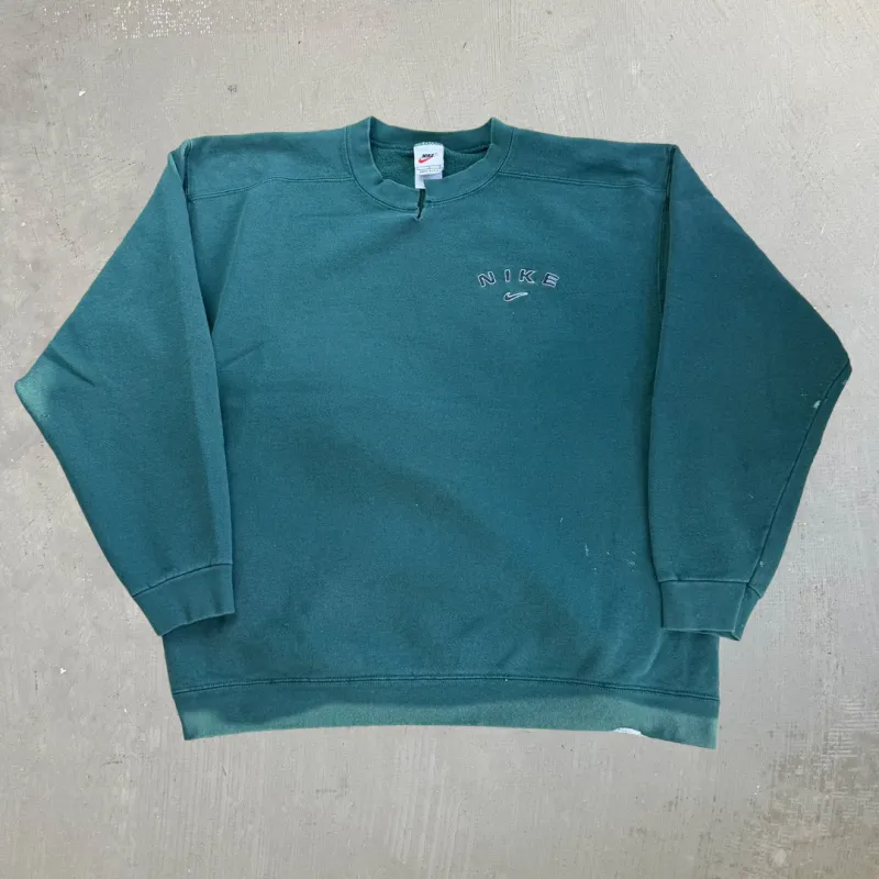 J- Vintage Nike Embroidered Text & Swoosh Made In USA Green Crewneck - L sold by HG Vintage